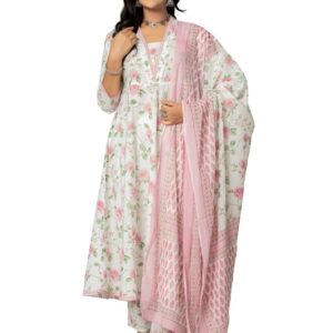 Amayra Women's Cotton Printed Anarkali Kurta with Palazzo Pants and Dupatta