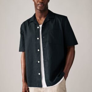 Black Cuban Collar Cotton Linen Blend Short Sleeve Shirt