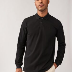 Black Long Sleeve Pique Polo Shirt