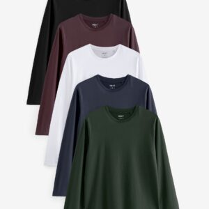 Black/White/Navy Blue/Green/Burgundy Red Regular Fit Regular Fit Long Sleeve 100% Cotton T-Shirts 5 Pack