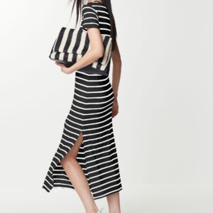 Black/White Ribbed T-Shirt Style Column Maxi Dress With Slit Detail
