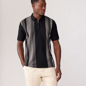 Black/White Vertical Stripe Quarter Zip Polo Shirt