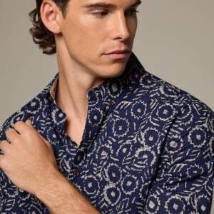 Blue 100% Cotton Textured Print Long Sleeve Shirt
