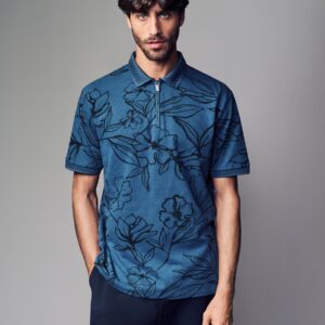 Blue/Black Floral Pattern Quarter Zip 100% Cotton Polo Shirt
