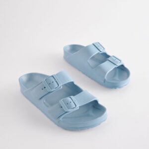 Blue EVA Double Strap Flat Slider Sandals With Adjustable Buckles