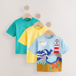 Blue/Yellow Seaside Short Sleeve Appliqué 100% Cotton T-Shirts 3 Pack (3mths-7yrs)