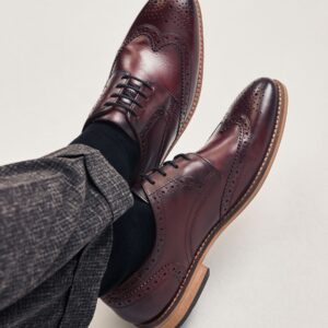 Burgundy Red Standard Fit Leather Contrast Sole Brogue Shoes
