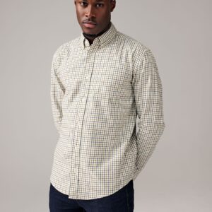 Ecru White Check Long Sleeve 100% Cotton Oxford Shirt