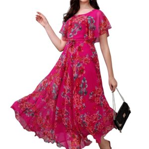 Fashion2wear Women's Georgette Floral Digital Print Short Sleeve Full-Length Fit & Flare Long Gown Dress for Girls (ET-CYWN-E1LE)