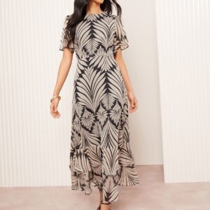 Friends Like These Black Petite Short Sleeve Chiffon Tiered Midi Dress