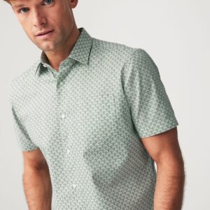 Green Geometric Print Easy Iron Button Down Short Sleeve Oxford Shirt