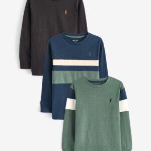 Green/Navy Blue Colourblock 100% Cotton Long Sleeve T-Shirts 3 Pack (3-16yrs)