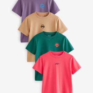Green/Red/Camel/Purple Short Sleeve Small Graphic 100% Cotton T-Shirts 4 Pack (3-16yrs)