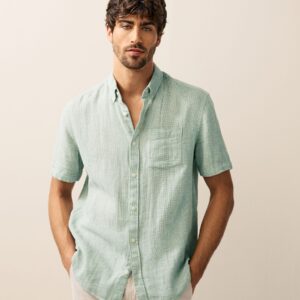Green Standard Collar Cotton Linen Blend Short Sleeve Shirt