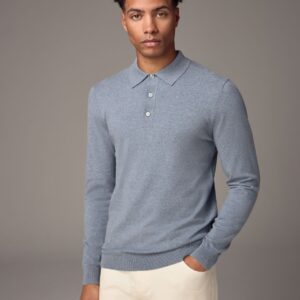 Light Blue Marl Regular Fit Knitted Long Sleeve Polo Shirt