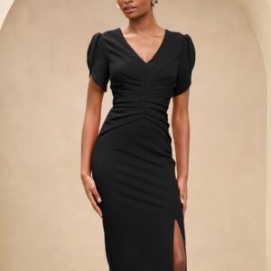 Lipsy Black Tulip Sleeve Ruched Midi Bodycon Dress