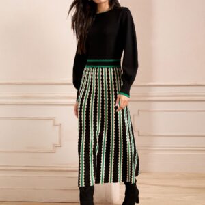 Love & Roses Black Scallop Chevron Long Sleeve Knitted Midi Dress