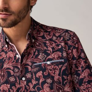 Navy Blue Short Sleeve Textured Floral Printed 100% Cotton Shirt