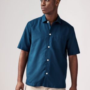 Navy Blue Standard Collar Cotton Linen Blend Short Sleeve Shirt