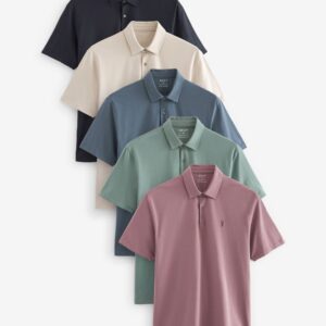 Navy/Light Neutral/Pink/Sage Green/Blue Regular Fit Short Sleeve Jersey Polo Shirts 5 Pack