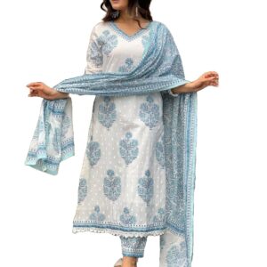 Nermosa Women Cotton Block Printed Kurta Pant With Dupatta