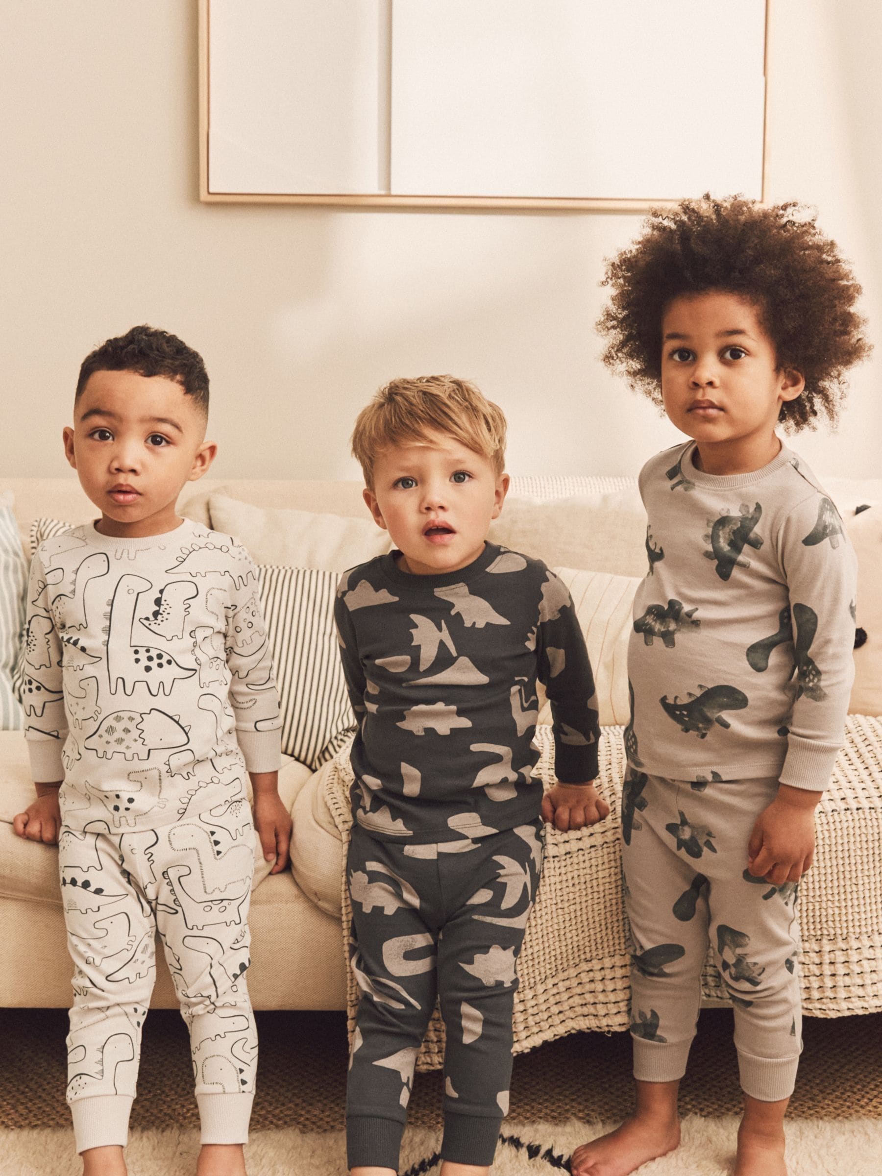 Neutral/Black Dinosaur 3 Pack Snuggle 100% Cotton Pyjamas (9mths-10yrs)