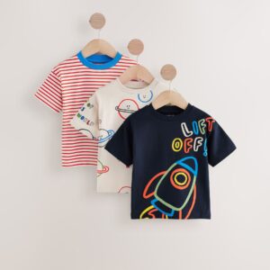 Red/Blue Space Short Sleeve 100% Cotton T-Shirts 3 Pack (3mths-7yrs)