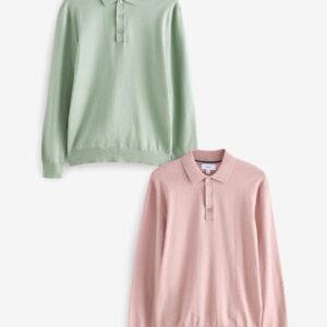 Sage Green/Light Pink Regular Fit Knitted Long Sleeve Polo Shirts 2 Pack