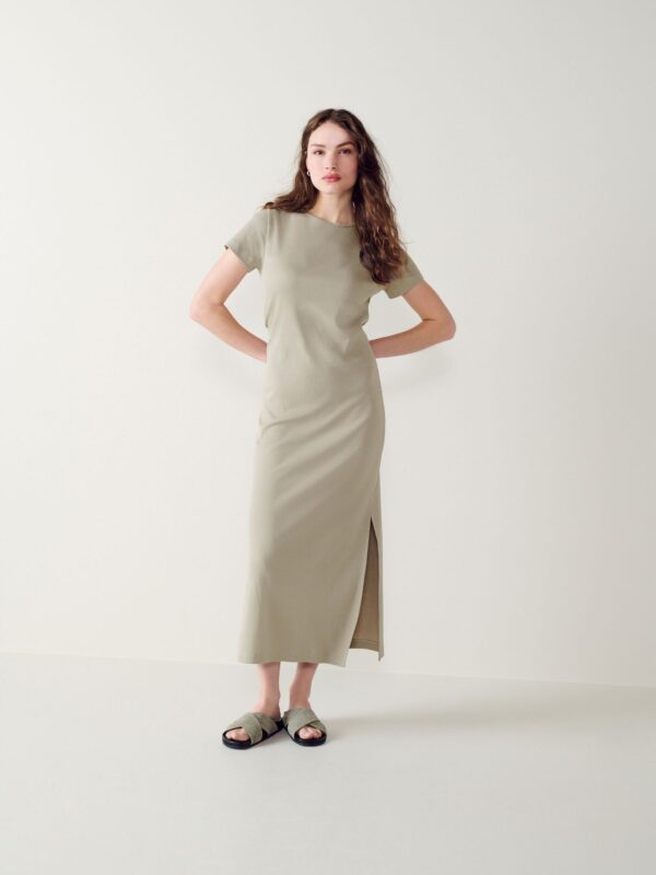 Stone Grey Ribbed T-Shirt Style Column Maxi Dress With Slit Detail