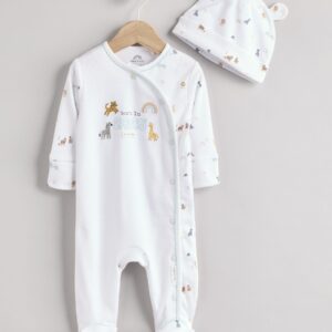 White Baby Born in 2025 100% Cotton Sleepsuit and Hat Set (0-9mths)