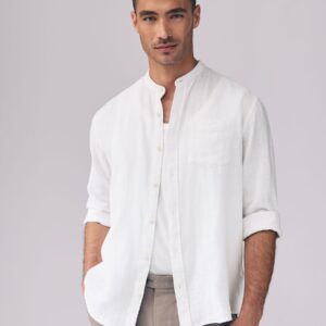 White Grandad Collar Cotton Linen Blend Long Sleeve Shirt