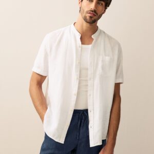 White Grandad Collar Cotton Linen Blend Short Sleeve Shirt